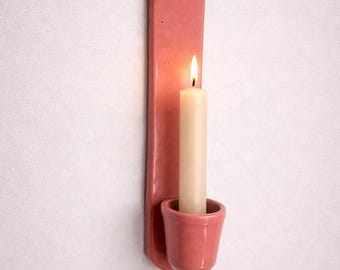 Handmade Pink Ceramic Wall Candle Holder - Dusty Rose Terracotta Sconce - Unique Artisan Clay Taper Holder for Vertical Wall Decor