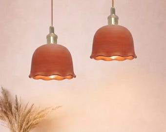 Ruffled Terracotta Pendant Light -Scalloped Clay Hanging Lamp with Brass Details -Wavy Edge Earthy Lighting for Bedside or Cottagecore Decor