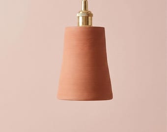 Tall Tapered Terracotta Pendant Light - Ribbed Clay Hanging Lamp with Brass Accents - Elegant Earthy Lighting for Kitchen Island or Bedside