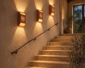 Handmade Terracotta Wall Sconce - Wave Patterned Clay Wall Light - Rustic Minimalist Up-and-Down Lighting for Hallway or Bedroom