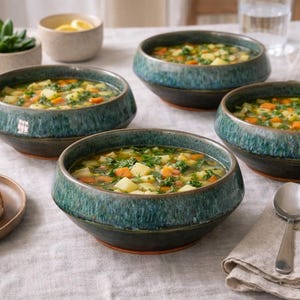 May include: Four bowls of soup with potatoes, carrots, and herbs. The bowls are teal and brown. Slices of bread are on a wooden plate. A spoon and linen napkin are on the table. A small succulent plant and a bowl of lemons are also present.