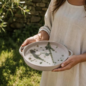 Handmade Ceramic Serving Dish with Handles | Green Splatter Glaze Stoneware Tray | Rustic Olive Grove Pottery | Charcuterie Dish