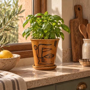 Handgefertigter Keramik-Übertopf mit Untersetzer, Blumentopf mit Gesichtsmotiv, Abflussloch, rustikaler Keramik-Blumentopf, Zimmerpflanzentopf