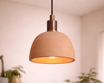 Moroccan Terracotta & Copper Dome Pendant Light –Handmade Clay Bowl Ceiling Lamp– Minimalist Earthy Hanging Fixture for Kitchen, Dining Room