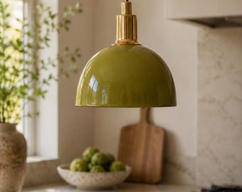 Handmade Ceramic Pendant Light – Olive Dome Shade with Brass | Modern Minimal Ceiling Lamp