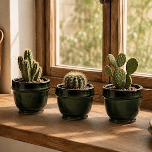 Peut inclure: Trois petits pots en céramique verte, chacun contenant un cactus différent. Le pot de gauche contient un cactus colonnaire, le pot central un cactus rond et épineux, et le pot de droite un cactus raquette aux feuilles plates.