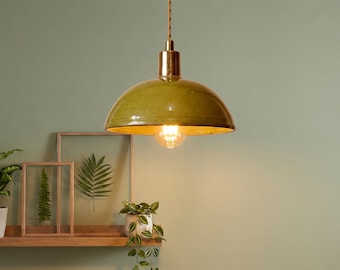 Moroccan Ceramic Pendant Light – Olive Green Glaze & Brass | Handmade Artisan Hanging Lamp for Kitchen, Dining Room or Bedroom