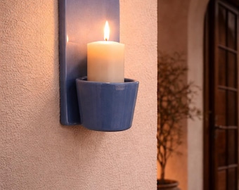 Handmade Ceramic Wall Candle Holder | Minimalist Wall Sconce | Modern Blue Pottery Decor | Wall Mounted Candle Holder