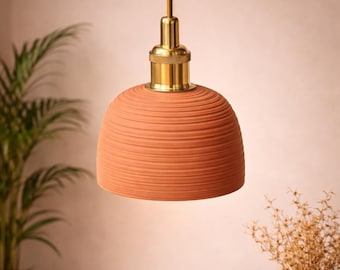 Ribbed Terracotta Pendant Light Handmade – Ceramic Ceiling Lamp, Rustic Kitchen Island Light, Boho Clay Pendant Lighting