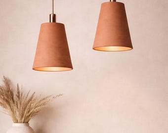 Modern Terracotta Pendant Light with Copper Accents - Handmade Atlas Red Clay Hanging Lamp for Kitchen Island - Minimalist Earthy Lighting