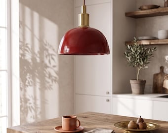 Handmade Red Ceramic Pendant Light - Moroccan Clay Ceiling Lamp - Mid Century Modern Brass Light Fixture - Artisanal Hanging Lamp