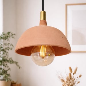 May include: A terracotta pendant light with a brass fitting and a large, round, Edison-style bulb. The light fixture is suspended from a black cord. The warm, earthy tones of the terracotta and the bulb's glow create a cosy ambiance.