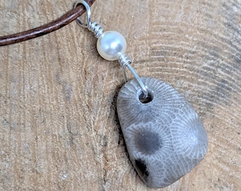 Petoskey Stone Necklace with Freshwater Pearl, Lake Michigan Jewelry
