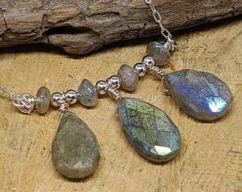 Labradorite Briolette Trio Pendant, Sterling Silver Wire-Wrapped Mystic Labradorite Briolette  Necklace, Gemstone Labradorite Jewelry