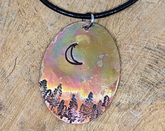Hand Stamped Copper Pine Tree Pendant: Heat Patina Forest Scene