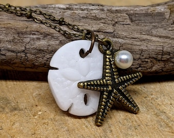 Sand Dollar Necklace: White Glass Pendant, Brass Starfish Charm