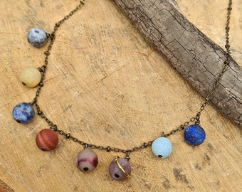 Gemstone Planet Necklace, Space Jewelry, Beaded Solar System Necklace, Planet Jewelry, Planet Charm Necklace, Celestial Jewelry