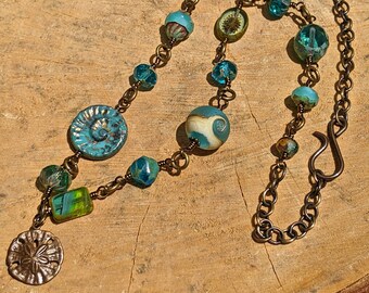Beachy Blue Wire Wrapped Czech Beads and Lampwork Bead Necklace
