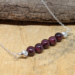 Red Garnet Bar Necklace: Sterling Silver Beads, Simple Jewelry