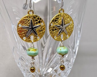 Two-Tone Sand Dollar Earrings: Czech Glass Boho Beach Jewelry