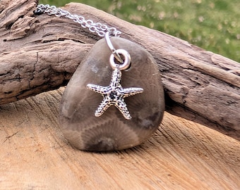 Petoskey Stone Pendant: Lake Michigan Petoskey with Starfish Charm