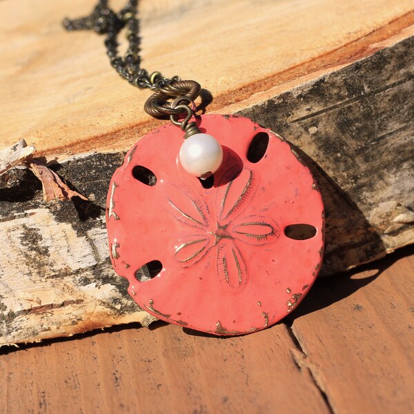 Sand Dollar Necklace, Vintaj Brass Coral Patina Sand Dollar, Sand Dollar Jewelry, Beach Jewelry, Ocean Necklace, Beach Boho, Sea Cookie