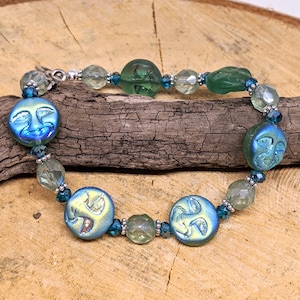 Czech Glass Moon Face Bracelet: Iridescent Celestial Jewelry