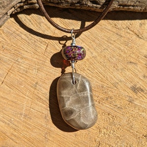 Petoskey Stone Pendant: Sterling Silver, Purple Lampwork Bead, Leather Cord