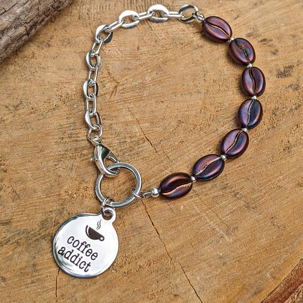 Coffee Addict Bracelet with Czech Coffee Bean Beads, Coffee Jewelry, Coffee Lover Gift