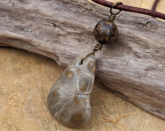 Petoskey Stone and Bronzite Pendant, Lake Stone Pendant, Lake Michigan Jewelry, Beach Stone Jewelry, Fossil Jewelry, Great Lakes Jewelry