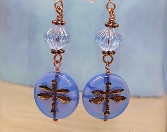 Copper Dragonfly Earrings: Blue Czech Crystal Boho Jewelry