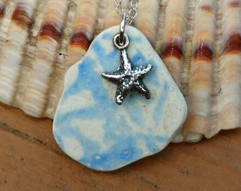 Sea Pottery, Blue Real Beach Pottery Sterling Silver Necklace, Beach Jewelry, Sea Pottery, Beach Pottery Jewelry, Starfish Charm