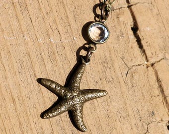 Vintaj Brass Starfish Necklace: Beach Boho Pendant, 18" Chain