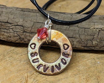 Survivor Pendant, Hand Stamped Bronze Washer Pendant, Washer Jewelry, Inspiration Necklace, Cancer Survivor Jewelry