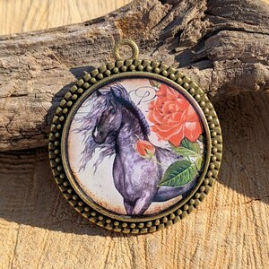 Floral Horse Resin Pendant: Antique Brass Equine Necklace