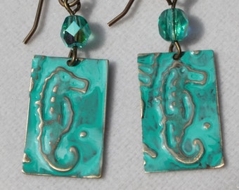 Brass Embossed Verdigris Patina Seahorse Earrings with Crystal, Beach Jewelry, Seahorse Jewelry, Beach Boho, Ocean Jewelry, Nautical Jewelry