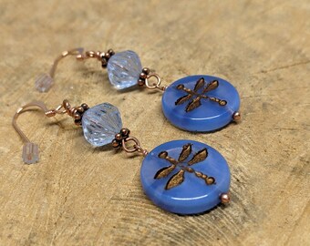 Copper and Blue Dragonfly Czech Crystal Earrings, Copper Jewelry, Copper Earrings, Gift for Her, Boho Jewelry, Dragonfly Jewelry
