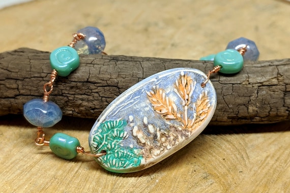 Humblebeads Beachy Wire-Wrapped Bracelet and Earring Set, OBeach Jewelry, Polymer Clay Jewelry