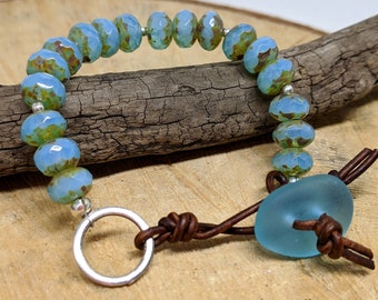 Light Blue Opal Czech Roundelle Crystal Beads Bracelet w/ Cultured Glass Button, Leather Cord Clasp, Beach Jewelry, Boho Jewelry, Beach Boho