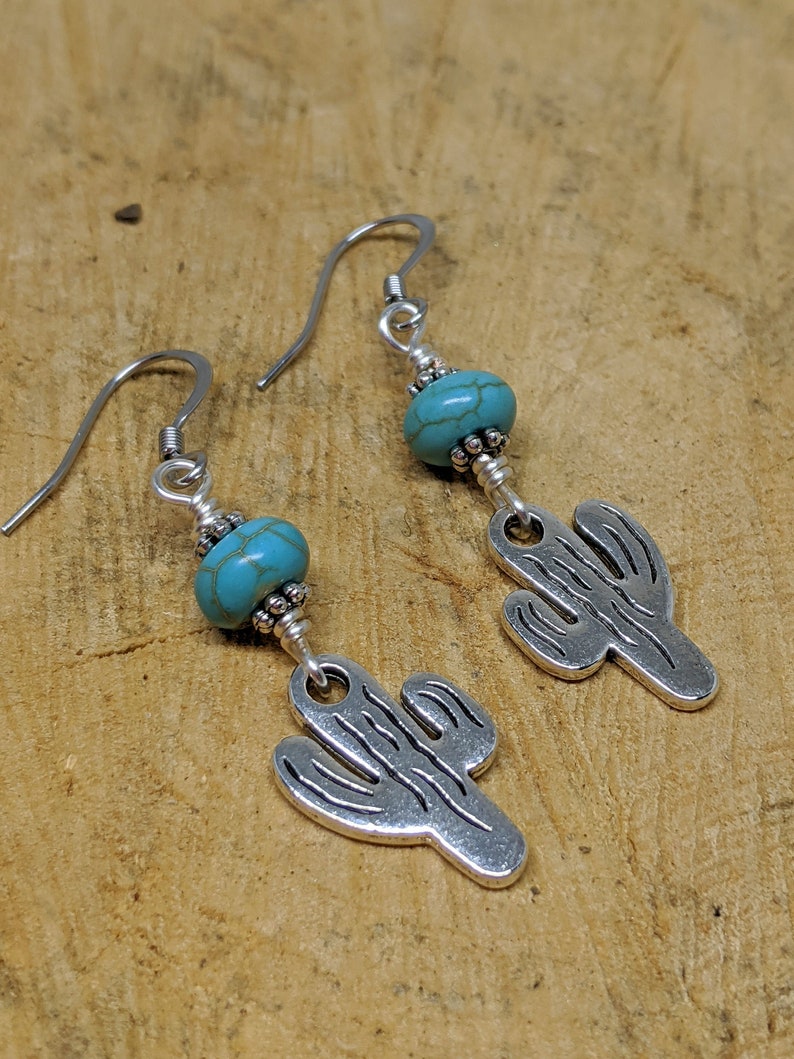 Turquoise Howlite Cactus Earrings, Cactus Jewelry, Succulent Earrings, Gift for Her, Silver Turquoise Cactus Earrings image 2