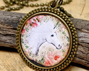 Unicorn Pendant, Horse Jewelry, Equine Jewelry - Unicorn Antique Brass Round Resin Pendant, Horse Lover Gift, Horse Necklace, Horse Charm