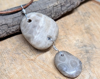 Petoskey Stone Double Pendant: Sterling Silver Wire-Wrapped Fossil Necklace