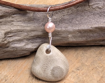 Petoskey Stone Necklace: Sterling Silver, Pink Pearl, Lake Michigan Jewelry