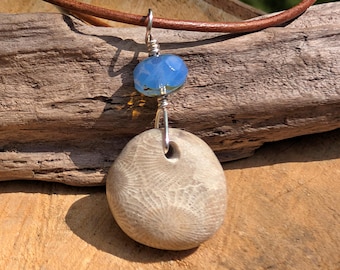 Wire Wrapped Petoskey Stone and Czech Glass Pendant: Sterling Silver Fossil Jewelry