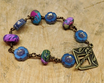 Brass Wire-Wrapped Bracelet with Humblebeads Bright Disk Beads, Boho Jewelry, Artisan Bead Jewelry, Flower Beads Bracelet, Polymer Clay Bead