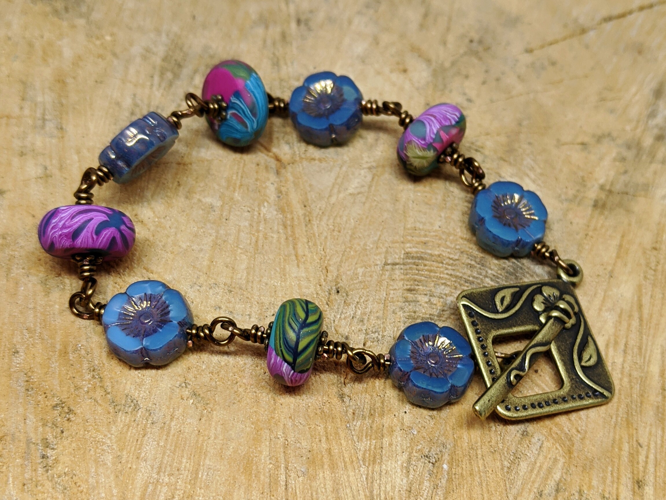 Brass Wire wrapped Bracelet With Humblebeads Bright Disk Beads