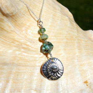 Silver Nautilus Shell Pendant, Sterling Silver Wire-Wrapped Czech Glass Ammonite Fossil Charm, Beach Pendant, Beach Jewelry, Beach Wedding