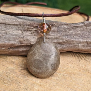 Petoskey Stone Pendant: Czech Glass Bead, Sterling Silver Wire Wrapped