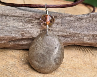 Petoskey Stone Pendant: Czech Glass Bead, Sterling Silver Wire Wrapped