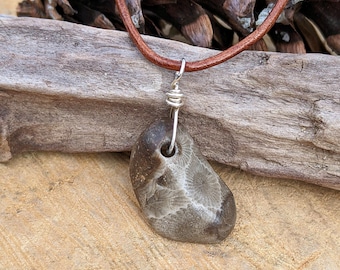 Petoskey Stone Pendant: Sterling Silver Wire Wrapped Fossil Necklace